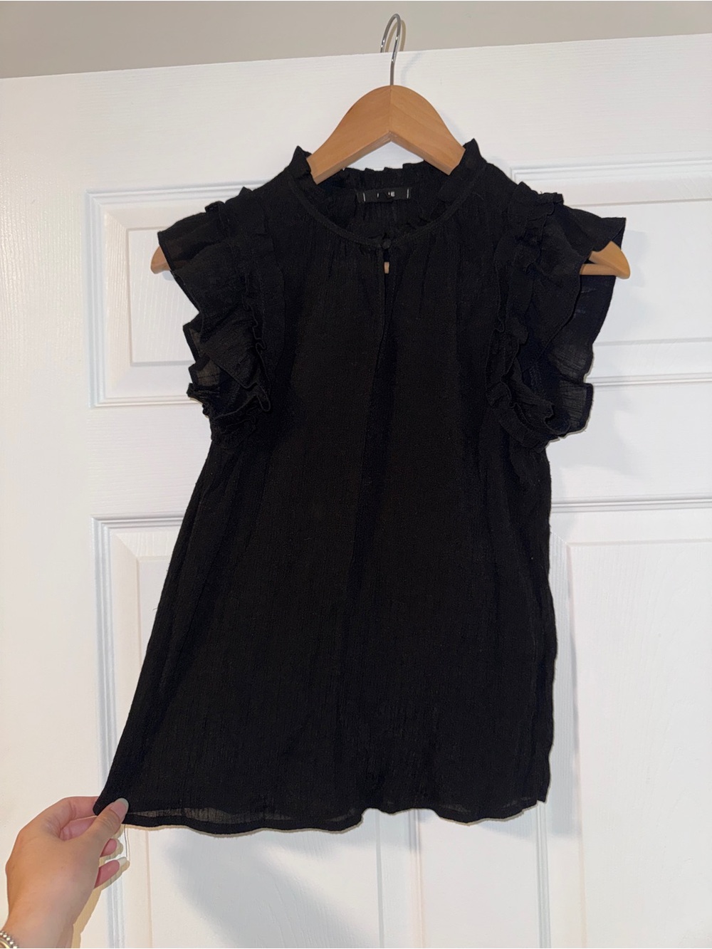 MINE Black Ruffle Mock Neck Blouse Flutter Sleeve Crinkle Gauze S